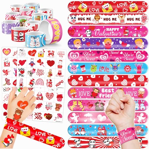 144 PCS Valentine Party Set - 72 Temporary Tattoos & 72 Slap Bracelets - Perfect for Themed Parties, Baby Showers, Classroom Rewards & Gifts for Kids