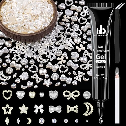 600Pcs 3D Multi Shapes Nail Charms and Flatback Pearls, White&Beige Mix styles Heart Star Bow Sunflower Embellishments for Nail Art, Craft and Decoration with Glue Gel, Tweezer and Pickup Pencil