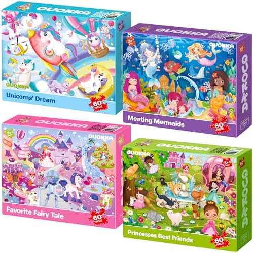 QUOKKA Puzzles for Kids Ages 4-6 - Set of 4x60 Jigsaw Puzzles for Toddlers 3-5 - Unicorn Princess Animals Toys for Children 6-8 yo - Gift Educational Game for Boys & Girls