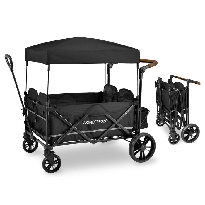 WONDERFOLD X4 Push & Pull Quad Stroller Wagon (4 Seater) - Collapsible Wagon Stroller with Seats with 5-Point Harnesses, Adjustable Push Handle, and Sun Canopy, Black