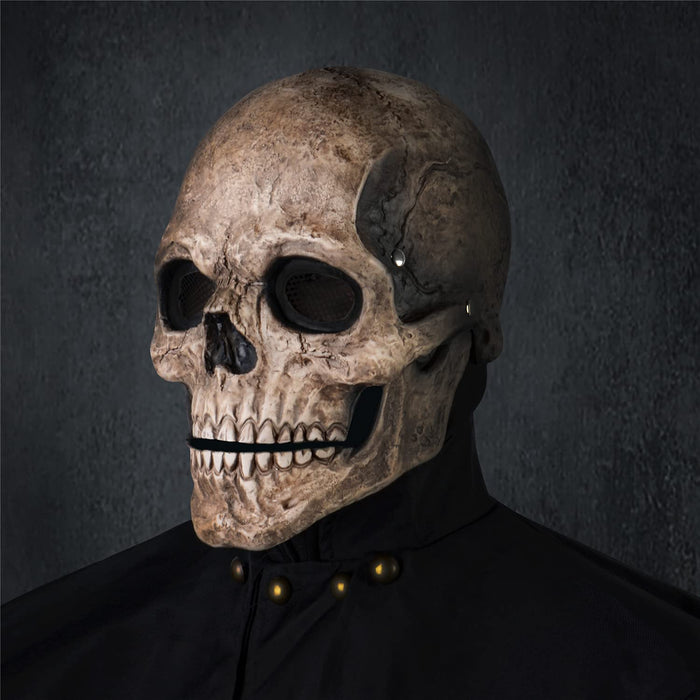 RRANYF Creepy Halloween Full Head Skull Mask with Movable Jaw, Adult Entire Head Realistic Latex Helmet, Scary Skeleton Headgear (Yellow Human Skull Costume Mask)