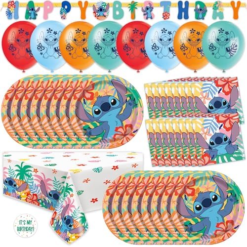 Lilo and Stitch Birthday Party Decorations for 16 | Banner, Tablecloth, Balloons, Stitch Plates and Napkins, Sticker | Stitch Birthday Decorations | Officially Licensed