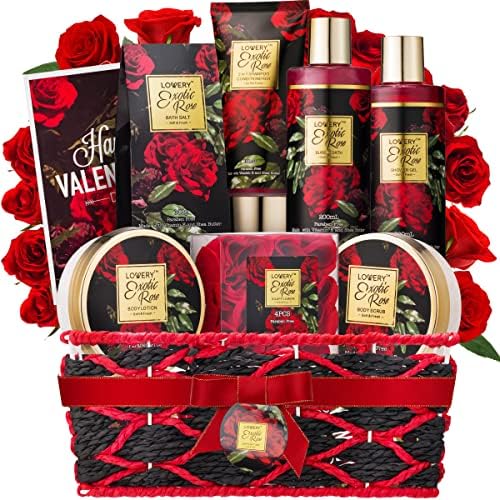 Valentines Day Gifts for Her - Exotic Rose Valentine Gift Basket for Women, Spa Bath and Body Gift Set, Anniversary Gifts for Women, Mom Birthday Gift with Body Scrub, Bubble Bath, Lotion & More