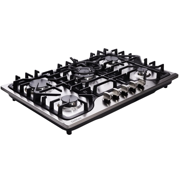 30 Inch Gas Cooktop DT57043 Built-in Stainless Steel 5 Burners Gas Stovetop LPG/NG Convertible Dual Fuel Gas Hob