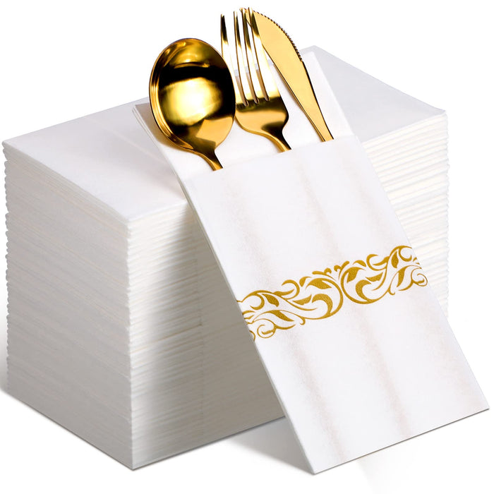 120 Pcs Disposable Dinner Napkins Pocket for Flatware Disposable Cloth Like Napkins Linen Feel Absorbent Disposable Paper Hand Napkins for Parties Weddings Dinners or Events (White, Gold)