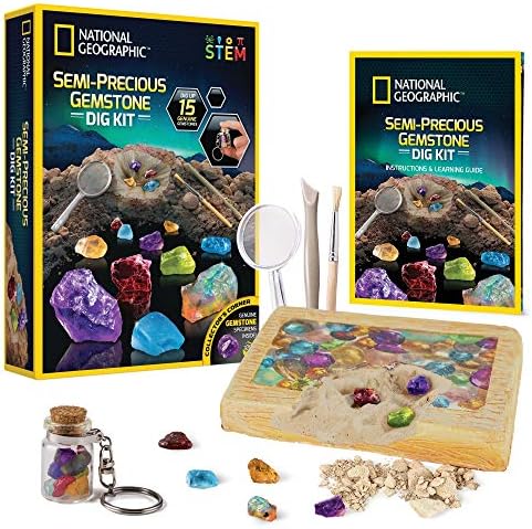 National Geographic Semi-Precious Gemstone Dig Kit for Kids - 15 Gems Including Amethyst, Garnet, Opal, Blue Topaz, and More