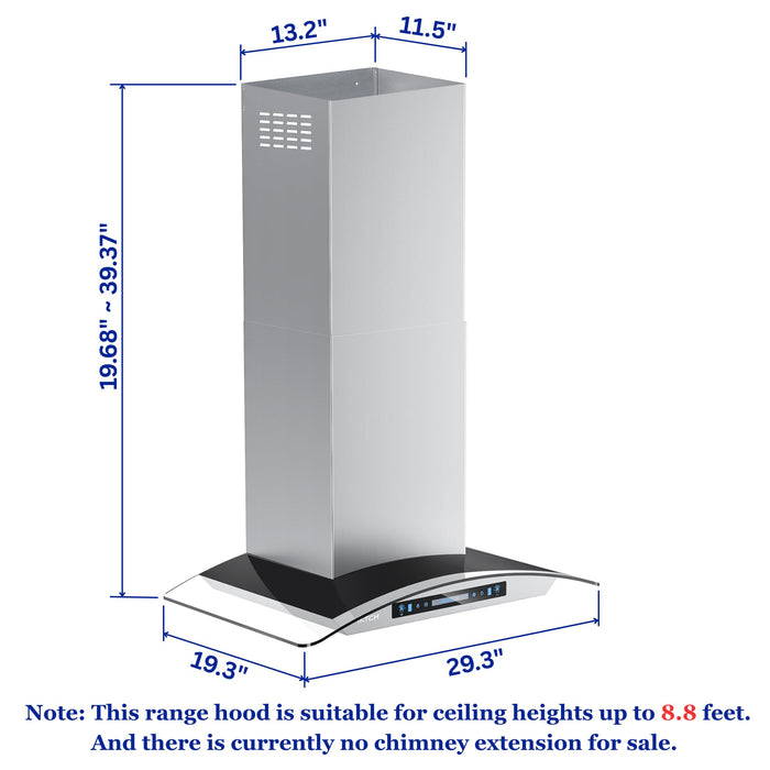 IKTCH 30 inch Wall Mount Range Hood Tempered Glass 900 CFM, Ducted Kitchen Vent Hood Stainless Steel, 4-Speed Gesture, Touch & Remote Control, with 2 Baffle Filters and LED Lights (IKP03-30)