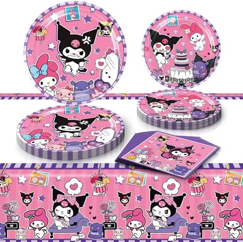 AVONO Kuromi Birthday Party Supplies, 20 Plates, 20 Napkins and 1 Tablecover for Girls Kuromi Party Decorations
