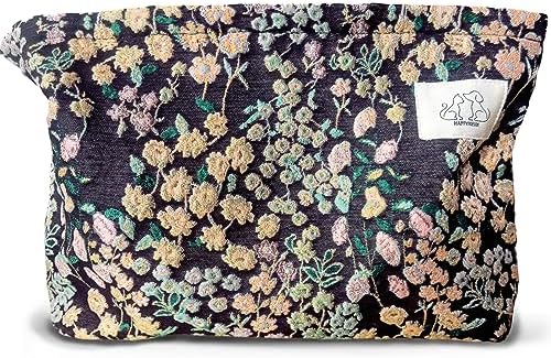 Women Aesthetic Travel Makeup Bag Accessory Zipper Pouch for Cosmetics, Purse Organizer, Embroidery Lucky Flowers Black