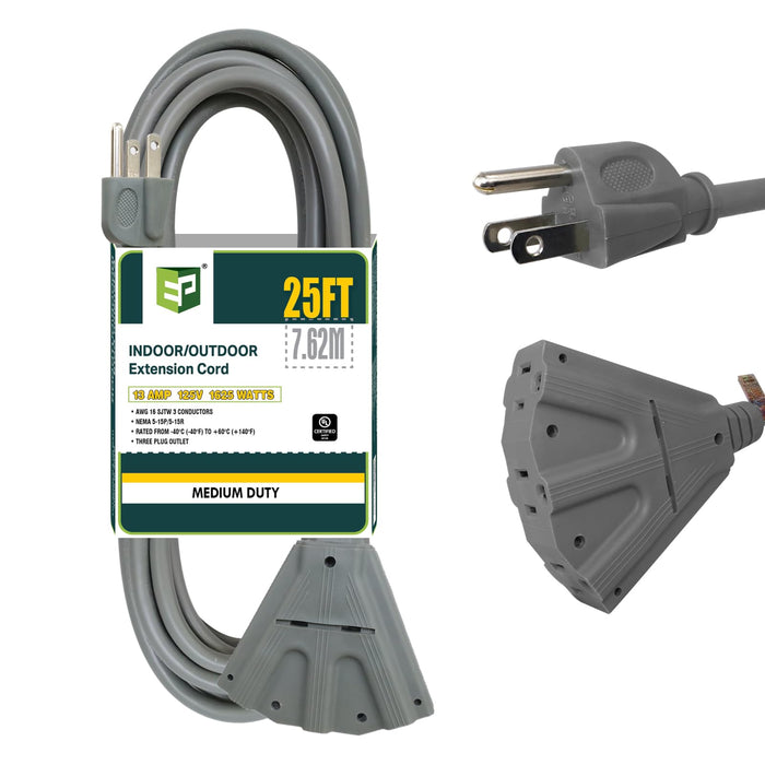 EP 25 Ft Outdoor Extension Cord with 3 Electrical Power Outlets - 16/3 SJTW Grey Cable with 3 Prong Grounded Plug for Safety Great for Christmas Lights, Garden and Major Appliances