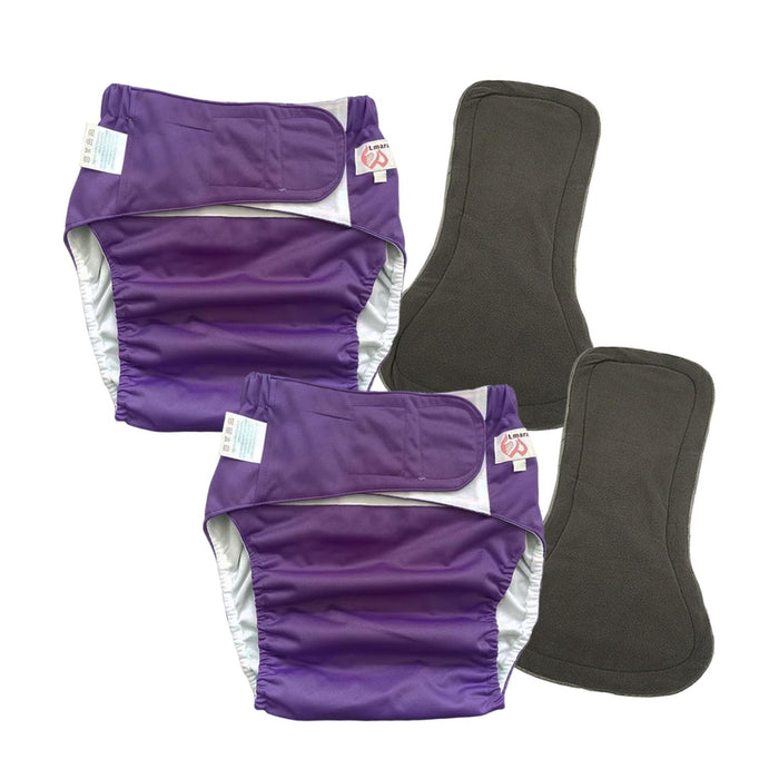 2 Pack Adult Cloth Diapers with Diaper Inserts, Washable Reusable Adult Diaper Cover Elderly Incontinence Protection Nappies Underwear Adult Diaper for Women Man, Waist 35.4-47.2” (Purple L)