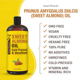 Seven Minerals, Pure Cold Pressed Sweet Almond Oil - Big 32 fl oz Bottle - Unrefined &100% Natural - For Skin & Hair, with No Added Ingredients - Perfect Carrier Oil for Essential Oils