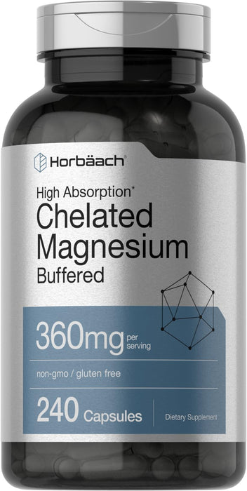 Chelated Magnesium | 360mg | 240 Capsules | Non-GMO & Gluten Free Supplement | by Horbaach