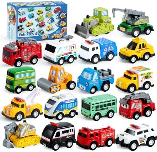 JOYIN 18 Pcs Pull Back City Cars and Trucks Toy Vehicles Set, Friction Powered Cars Toys for Toddlers, Boys, Girls’ Educational Play, Kids Stocking Stuffers, Easter Basket Stuffers