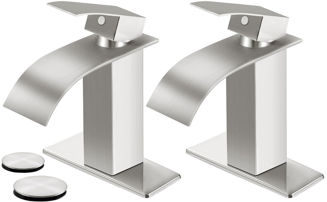 RNDIOZD Brushed Nickel Bathroom Faucets *2, Waterfall Bathroom Sink Faucet Modern Single Handle Bathroom Faucte 1 or 3 Hole, RV Mixer Tap Vanity Faucet - Includes Pop-up Drain