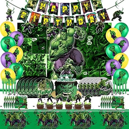 Hulk Party Supplies - Happy Birthday Banner, Backdrop, Cake Toppers, Balloons, Plates, Napkins, Tablecloths - Superhero Kids' Party Pack