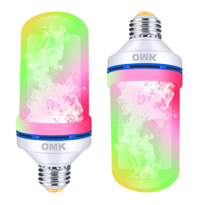 OMK LED Flame Effect Fire Light Bulbs (2 Pack), Flame Christmas Decor 4 Modes Flickering Fire Simulated Lamps, E26 Base Energy Efficient LED Bulb for Indoor/Outdoor Christmas Holiday Gifts