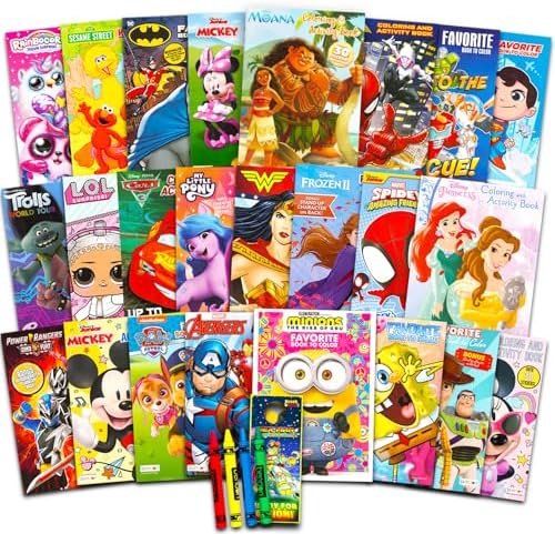 Beach Kids 24 Bulk Coloring Books for Ages 4-8 - Assorted Licensed Activity Boys, Girls | Bundle Includes Full-Size Books, Crayons, Stickers, Games, Puzzles, More (No Duplicates)
