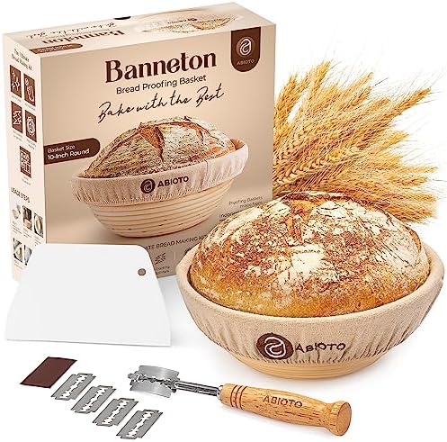 Banneton Bread Proofing Basket Set - A Complete Kit Including 10-Inch Brotform Basket, Bread Lame, Dough Scraper & Linen Liner - Odor-Free & No Splinters - Perfect for Shaping Sourdough Bread