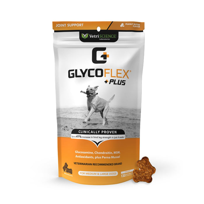 VetriScience Glycoflex Plus, Clinically Proven Hip and Joint Supplement for Dogs - Advanced Dog Supplement with Glucosamine, Chondroitin, MSM, Green Lipped Mussel & DMG - Peanut Butter, 120 Chews