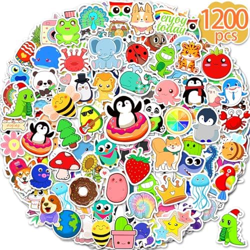1200 Pcs Stickers for Kids, Cute Water Bottle Stickers for Teens, Kawaii Vinyl Laptop Animal Waterproof Sticker for School Students Classroom Teacher, Bulk Aesthetic Sticker Pack for Boys Girl
