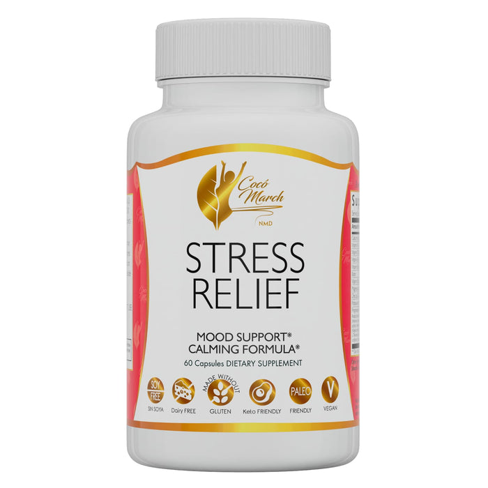 Stress Relief by Coco March – 28 Plants & Vitamins - Soy Free, Gluten Free, Keto Friendly, Dairy Free, Paleo Friendly, Vegan - 60 Capsules