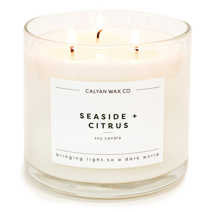 Calyan Wax Scented Candle, Seaside & Citrus, 3 Wick Candle for The Home Scented with Lemon & Cedarwood, 14.9 oz Soy Wax Candle with 43 Hour Burn Time, Non Toxic Large Candle in Glass Jar, Candle Gift