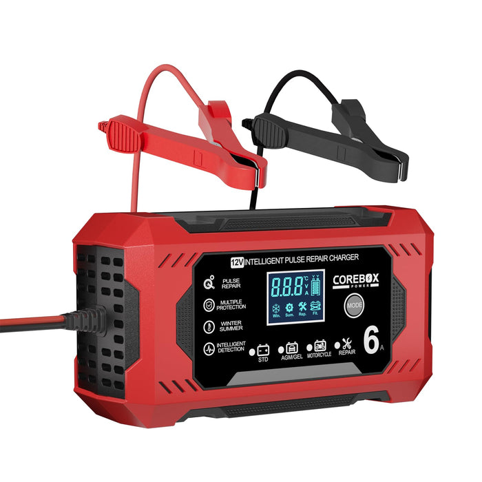 Corebox Battery Charger 6-Amp 12V Automatic Smart Battery Trickle Charger, Battery Maintainer Desulfator with Temperature Compensation for Car Truck Motorcycle Lawn Mower Marine