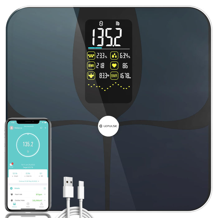 Body Fat Scale, Lepulse Large Display Scale for Body Weight, Accurate Digital Bathroom Scale, Rechargeable BMI Smart Weight Scale with Body Fat Muscle Heart Rate, 15 Body Composition, FSA/HSA eligible