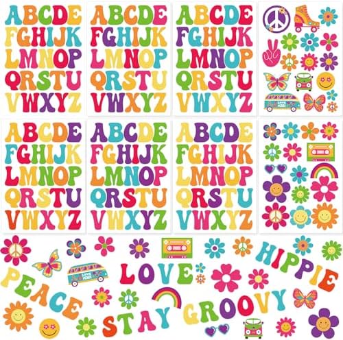 255 Pcs 12.8 x 9.45 Inch 60s 70s Groovy Hippie Stickers Retro Peace Love Daisy Butterfly Letter Self Adhesive Boho Stickers for Water Bottle Laptop Decorations(Rainbow Color)