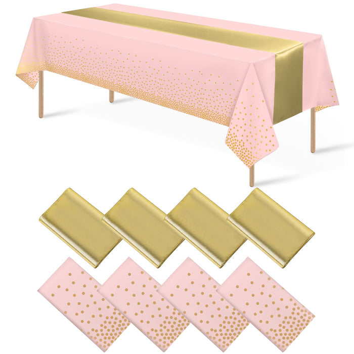 8Pack Disposable Plastic Tablecloths and Satin Table Runner Set Pink and Gold Dot Tablecloth Gold Satin Table Runner for Wedding Birthday Baby Shower Anniversary Christmas New Year Party Supplies