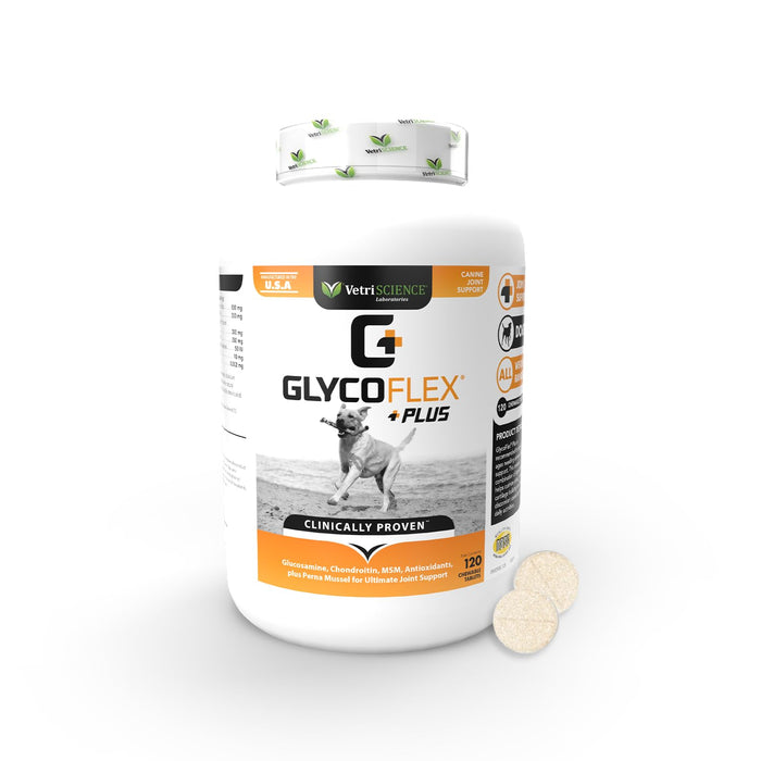 VETRISCIENCE Glycoflex Plus, Clinically Proven Hip and Joint Supplement for Dogs - Advanced Dog Supplement with Glucosamine, Chondroitin, MSM, Green Lipped Mussel & DMG - 120 Tablets, Chicken Flavor