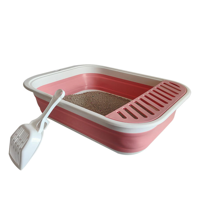 Senior Cat Litter Boxes, Collapsible Open Low Entry Cat Litter Pan with Scoop Travel Cat Potty Pan Foldable Pet Toilet for Sick Disabled Older Elderly Cats Pink 20.9x15.7x5.7 inch