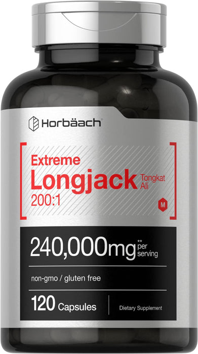 Horbäach - Longjack Tongkat Ali | 240,000 mg (200:1 Potent Extract) | 120 Capsules | Extreme Male Performance Supplement | Super Concentrated Herbal Extract Formula | Non-GMO & Gluten Free Pills