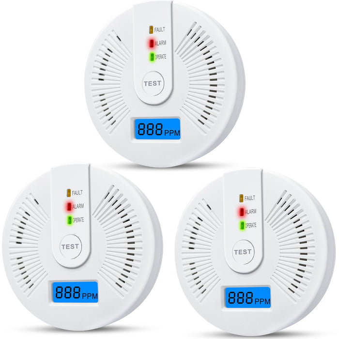 3 Packs Carbon Monoxide Detectors,CO Alarm Detectors Monitor Battery Operated with Digital Display for House Kitchen Office Hotel Restaurant（Batteries NOT Included）