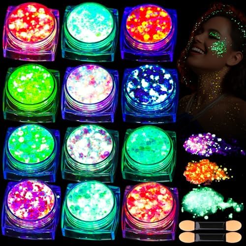 Teenitor 12 Colors Glow in The Dark Glitter Gel, Mardi Gras Face Glitter Body Glitter Gel Hair Glitter Gel, UV Black Light Glitter, Glitter Makeup for Raves Festivals