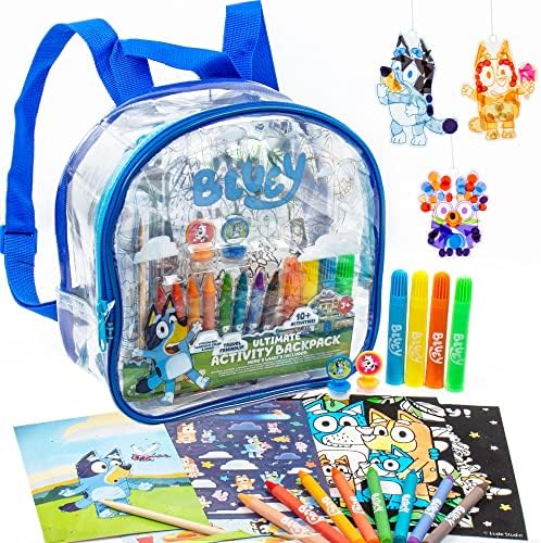 Bluey Ultimate Activity Backpack, 10+ Activities, Includes Backpack with 4 Sticker Suncatchers with 4 Suction Cups, 4 Surprise Scratch Arts, 2 Velv-its Posters, 1 Coloring Roll, 4 Markers, Kid Gifts