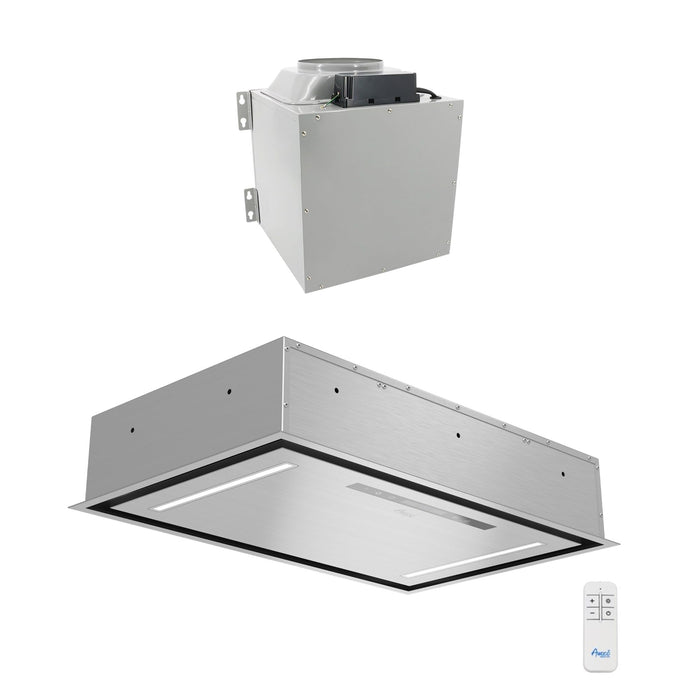 Awoco 30”W Flush Ceiling Mount Split Insert Range Hood, Stainless Steel 4 Speeds 1000 CFM, 8” Round Top Vent LED Lights Remote Control (30"W 19"D 8" Vent)
