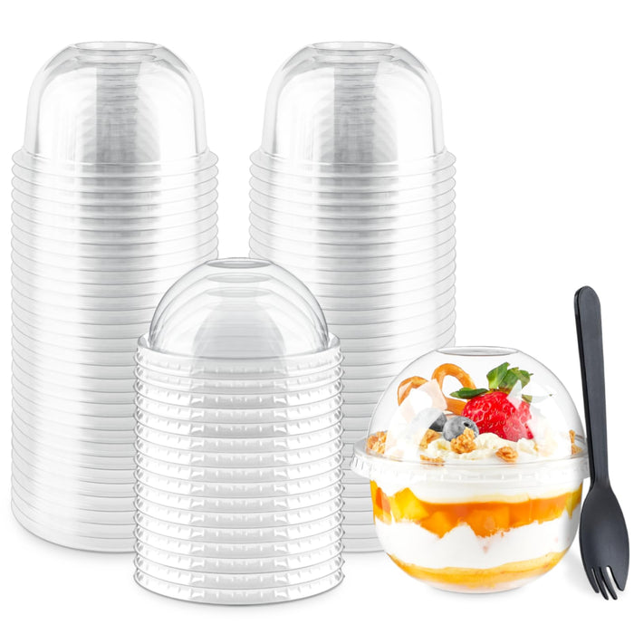 Zezzxu 50 Pack 9 oz Clear Plastic Dessert Cups with Dome Lids (No Hole) and Sporks, Disposable Yogurt Parfait Cups with Lids for Fruit Salad Ice Creams Pudding Cakes