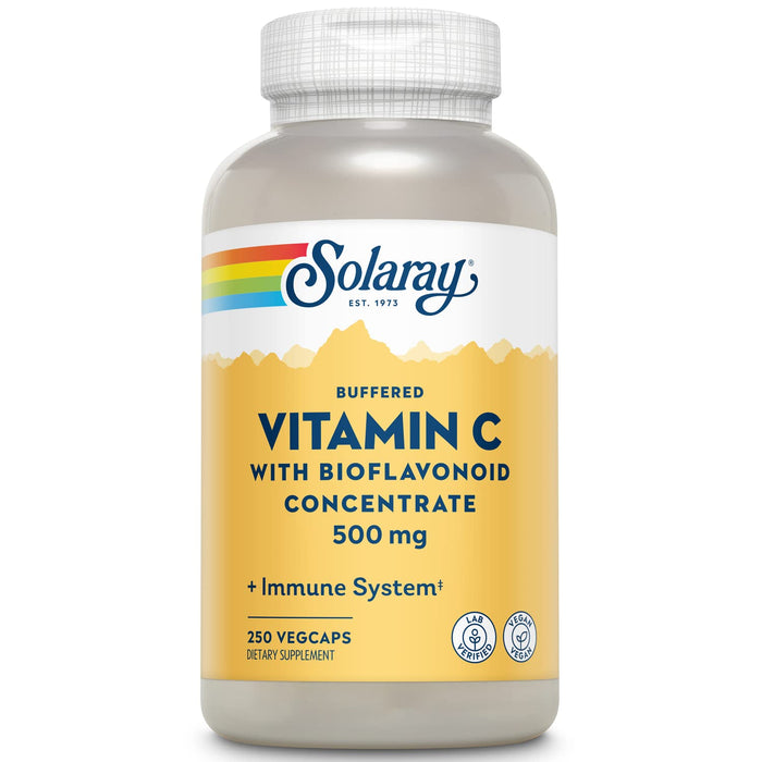 SOLARAY Buffered Vitamin C 500mg - with Bioflavonoids, Rose HIPS and Acerola Cherry - Immune Support Supplement - Easy to Digest, Vegan, Lab Verified, 60-Day Guarantee - 250 Servings, 250 VegCaps