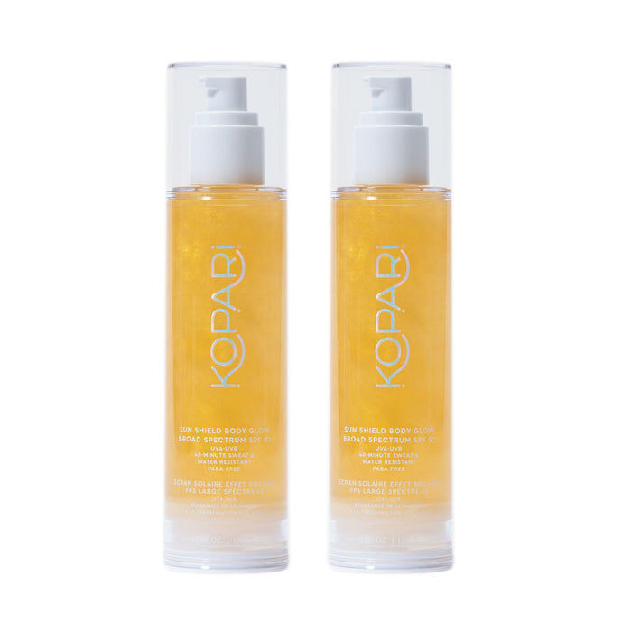 Kopari Sun Shield Body Glow | SPF 50 UV Protection Sheer Sunscreen Gold Shimmer Mica | Sweat and Water Resistant | Antioxidant Vitamin E Vegan Cruelty Free | Pack of 2
