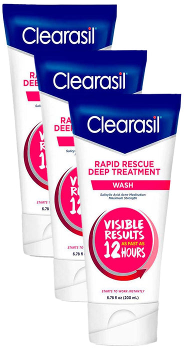 Clearasil Rapid Rescue Deep Treatment Acne Face Wash, Maximum Strenght with 2% Salicylic Acid Acne Medication, Acne-Facial Cleanser, 6.78 fl oz (Pack of 3)