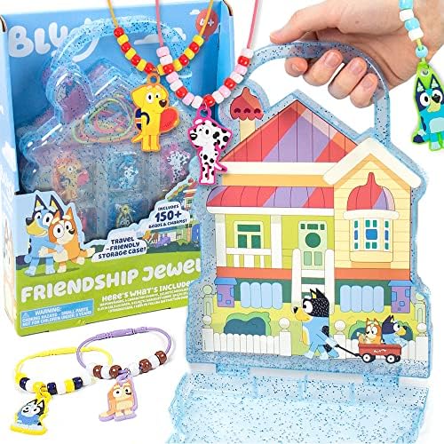 Bluey Friendship Jewelry, Create 4 Bluey Charm Bracelets & 2 Bluey Charm Necklaces, Includes 150 Beads & 6 Rubber Charms with Bluey Storage Case, Gifts for Kids Boys Girls