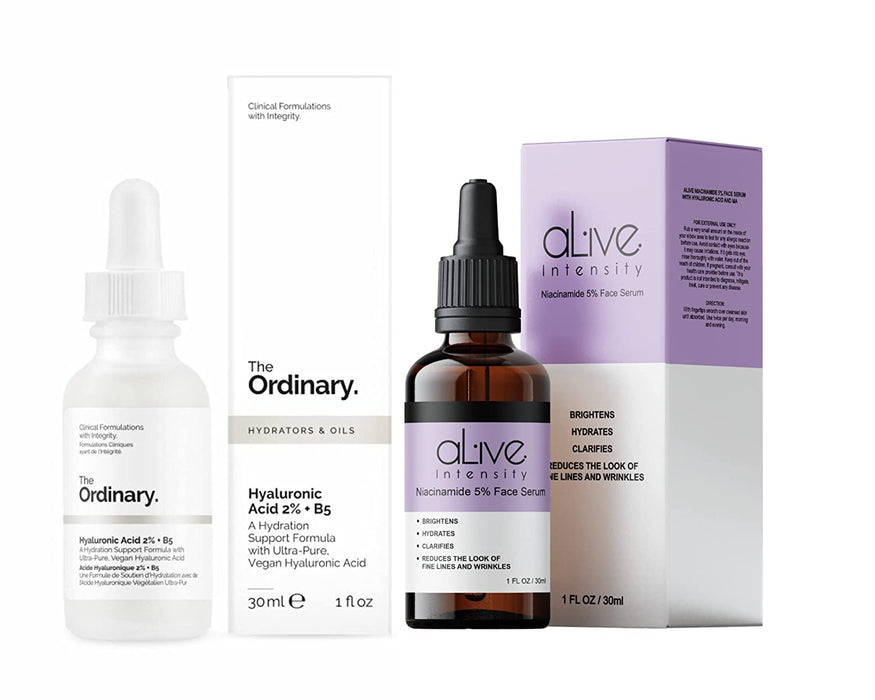 The Ordinary Hyaluronic Acid & Alive Intensity Niacinamide Serum Set - Face Serum for Skin Hydration with Hyaluronic Acid - Radiant Glow and Niacinamide Alive Intensity