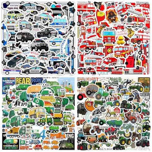 200 Pcs Fire Truck Police Car Agricultural Tractor and Garbage Truck Stickers, Vinyl Vehicle Stickers for Kids, Waterproof Transportation Vehicle Truck Stickers for Water Bottle Laptop Scrapbook