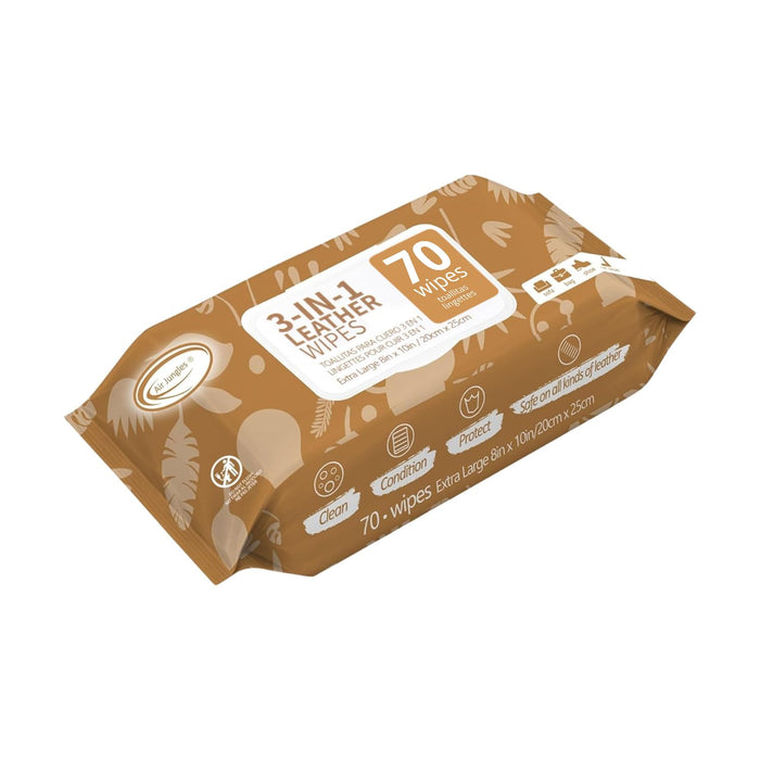 Air Jungles 3in1 Leather Cleaner Wipes 70 Count, Extra Large 8" x 10" Size, Clean Condition Protect Wipes for Vinyl and Leather Apparel Furniture Auto Car Interior Shoes Boots Bags