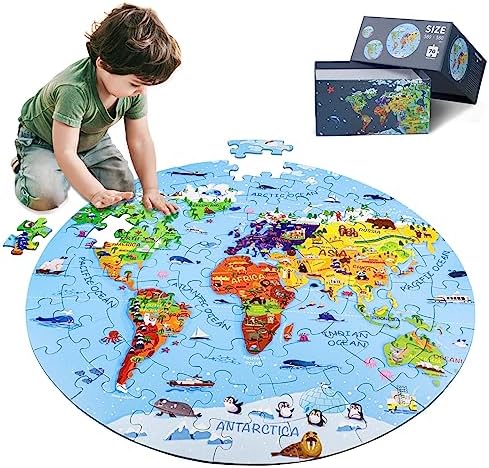 World Map Jigsaw Puzzle for Kids 4-8, 70 Piece Large Round Floor Puzzles for Kids Ages Toddler Puzzle Globe Geography Games Educational Toys Birthday for Children
