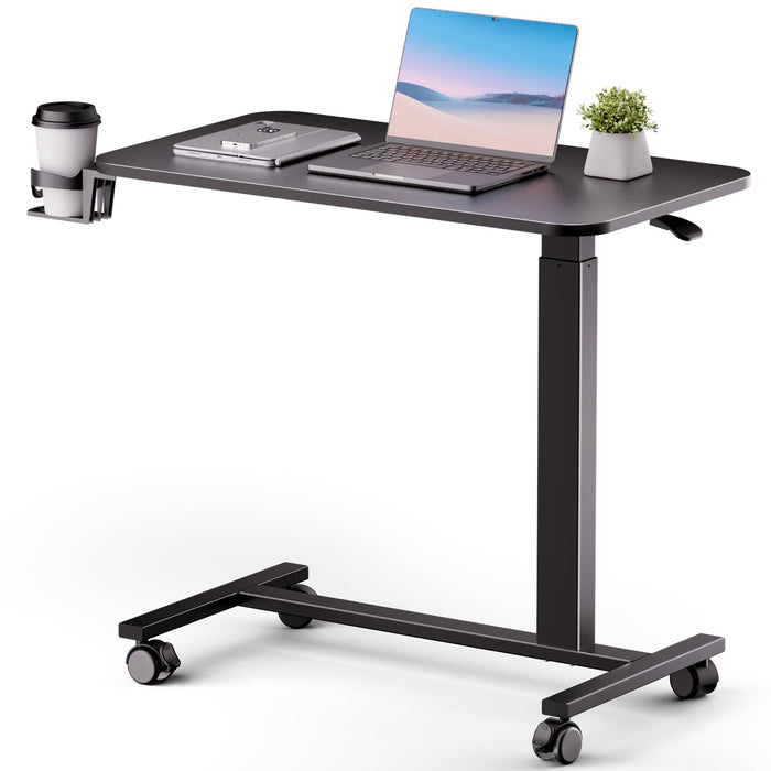 COMHOMA Adjustable Overbed Bedside Table with Lockable Wheels, Pneumatic Mobile Standing Laptop Desk, Small Standing Desk Portable Rolling Overbed Table Hospital Home Use(32" W x 18" D, Black)