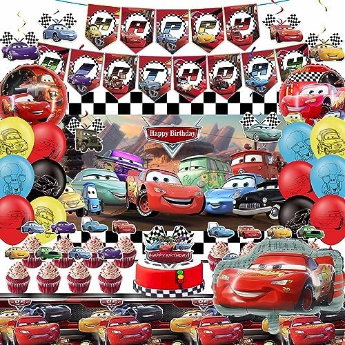 Cars Birthday Party Supplies, Cars Birthday Party Decorations Include Birthday Banner, Foil Balloons, Backdrop, Tablecloth, Cupcake Toppers for Boys Girls