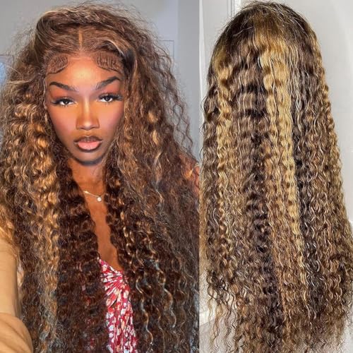 32inch Highlight Ombre Deep Wave Wig Wear and Go Glueless Transparent Lace Front Wig Human Hair Water Wave Ombre Honey Blonde Curly HD Lace Frontal Wigs for Women 200% Density P4/27 Color
